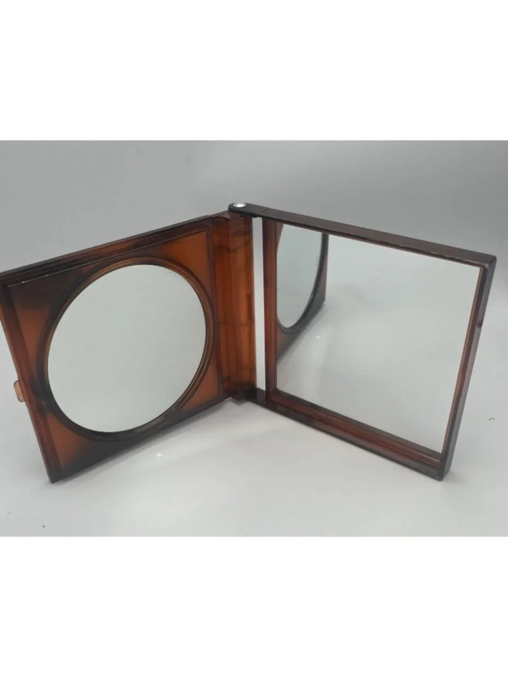 Vintage Brown Lucite Large Compact Mirror 2 Sides Magnification and Normal
